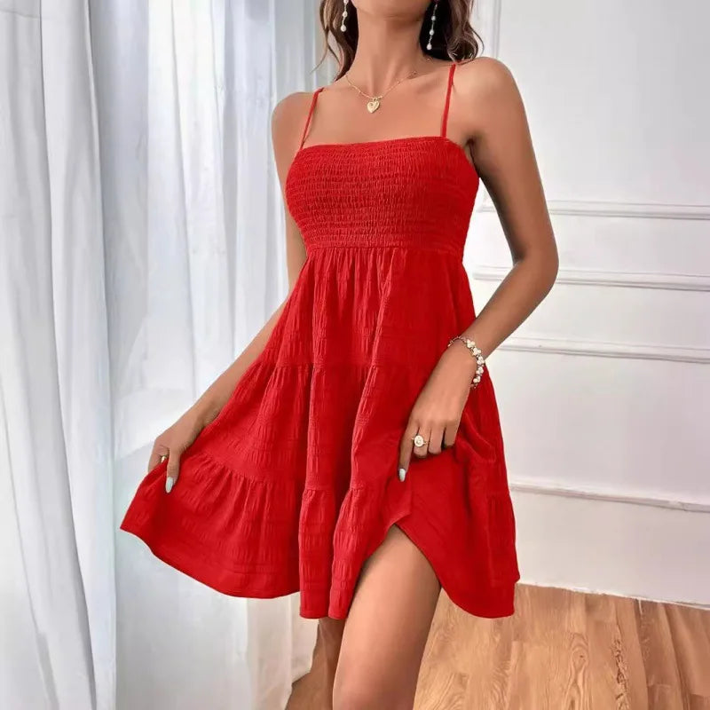 Women's Fashion Spaghetti Strap Smocked Bustier Mini Dress Blue Ruffled Tiered Swing Dress Summer Casual Vacation Beach Wear