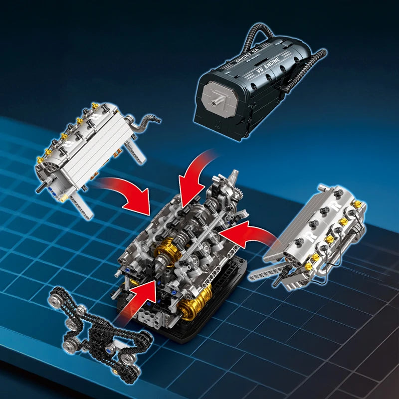 1268PCS V6 Engine Building Blocks MOC DIY Technic Mechanical Car Motor Bricks with Working Pistons Science STEM Toy Gift Adults