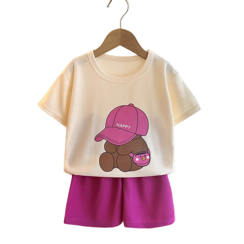 2026 Summer Kids Thin Outfit Girls Boys Cute Bear Print T-Shirt+Solid Color Shorts 2Pcs Clothing Loose Soft Children Set