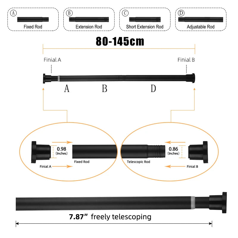 Adjustable Stainless Steel Shower Curtain Rod 80-240cm Telescopic No-Drill Clothes Drying Rack for Balcony Bathroom