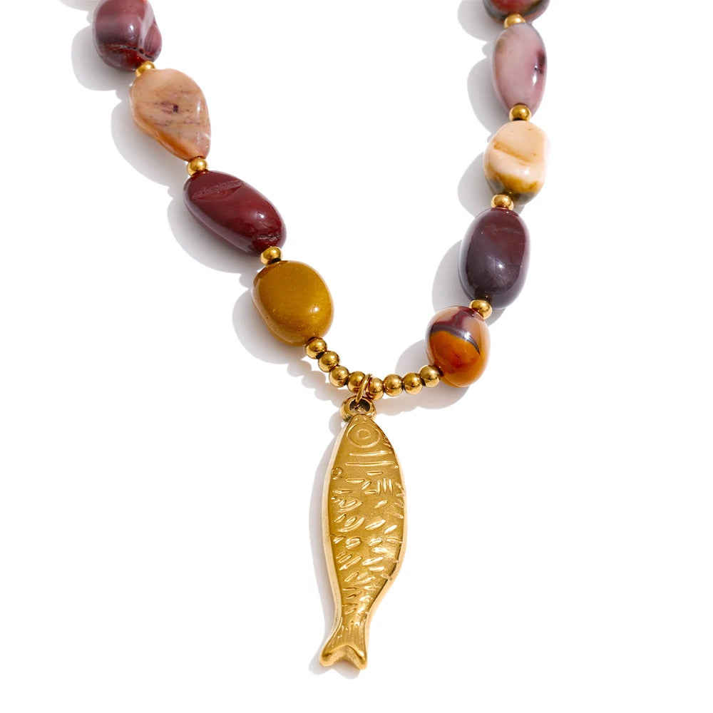 Yhpup Natural Stone Beads Chain Fish Pendant Necklace Ocean Series Stainless Steel Handmade Statement Jewelry Accessories