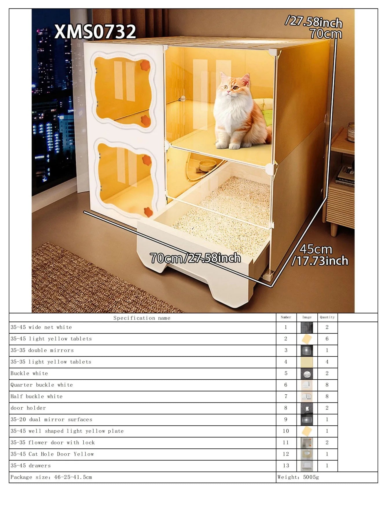 Cat Cage with Drawer-Type Litter Box, Indoor Kitten House with Toilet, Cat Cabinet with One Bedroom, One Living Room, and One Bathroom, Kitten Villa