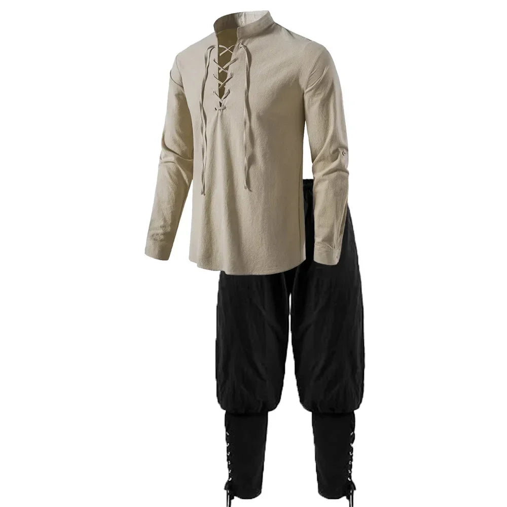 2Pcs Retro Vintage Medieval Renaissance Cosplay Costume Outfits Pirate Viking  Halloween Casual Daily LARP Ren Faire Shirt Pants
