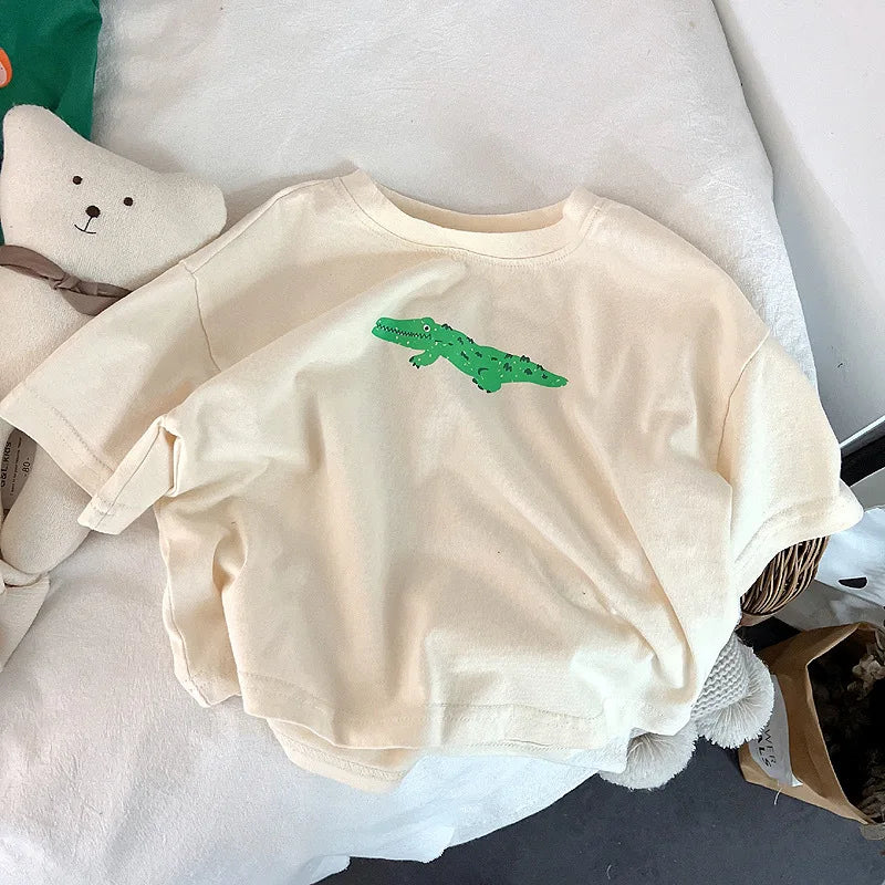 ‌Korean Style Summer Kids T-Shirt Cute Cartoon Print Loose Fit Drop Shoulder Mid-Sleeve Top for Baby Boys Girls Toddler Clothes