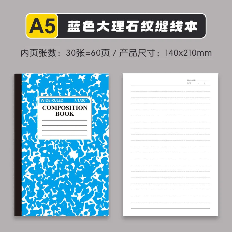4pcs American Style Marble Composition Notebook Wide Ruled 60 Pages Student School Journal Sewn Bound Writing Diary Supply