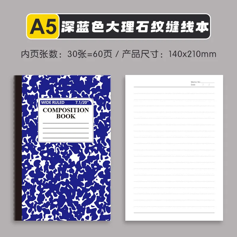 4pcs American Style Marble Composition Notebook Wide Ruled 60 Pages Student School Journal Sewn Bound Writing Diary Supply