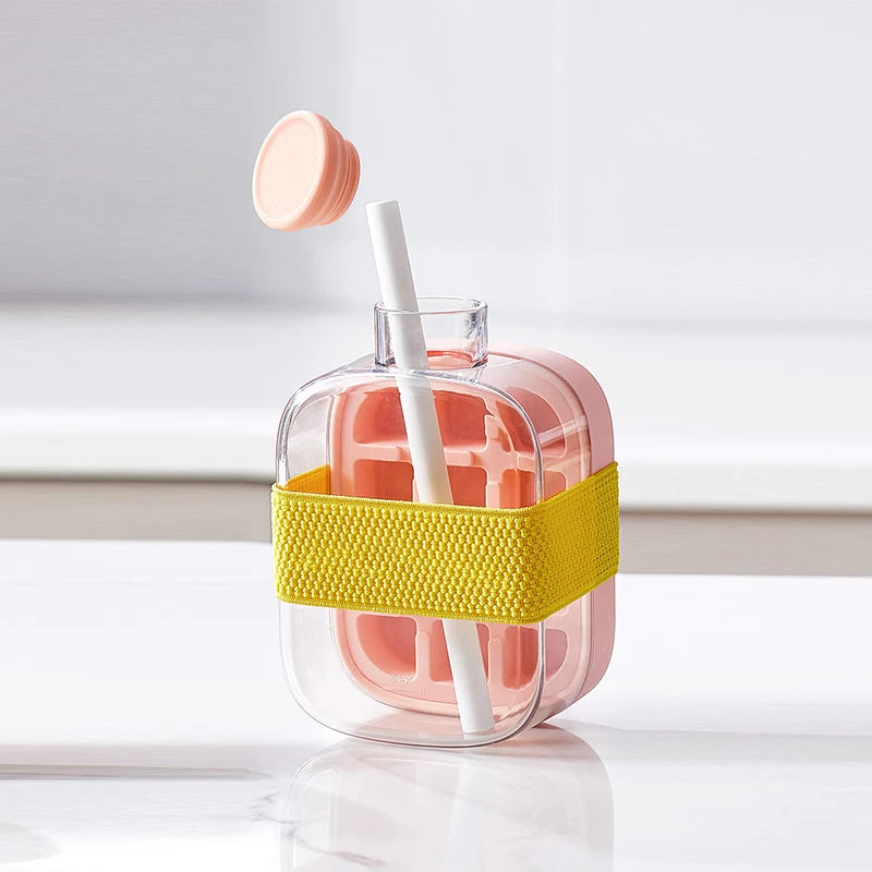 Ice Cube Tray Press Ice Maker with Lid Food Grade Cooling Ice Mold 2 in 1 Ice Straw Water Bottle for Summer Cooling Drinks