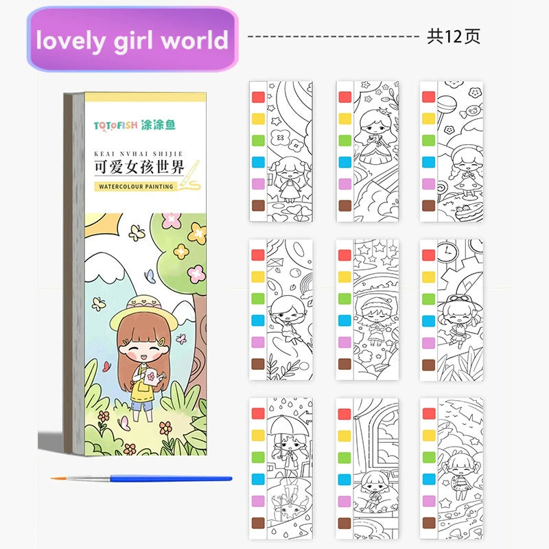 Portable Watercolor Book Set - 12 Sheets Gouache Painting with Brush, Kids Graffiti Drawing Art Stationery