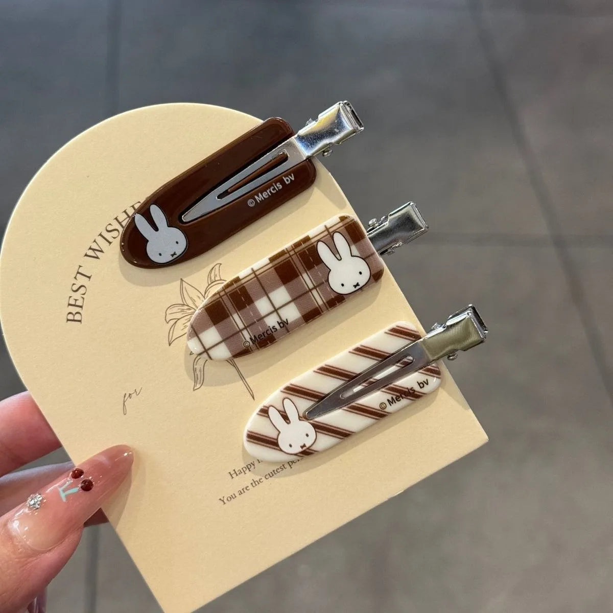 Kawaii Miffy Rabbit Hair Clip Coffee-colored Checkered Miffy Rabbit Traceless Clip Sweet and Retro Girl Cartoon Bangs Clip