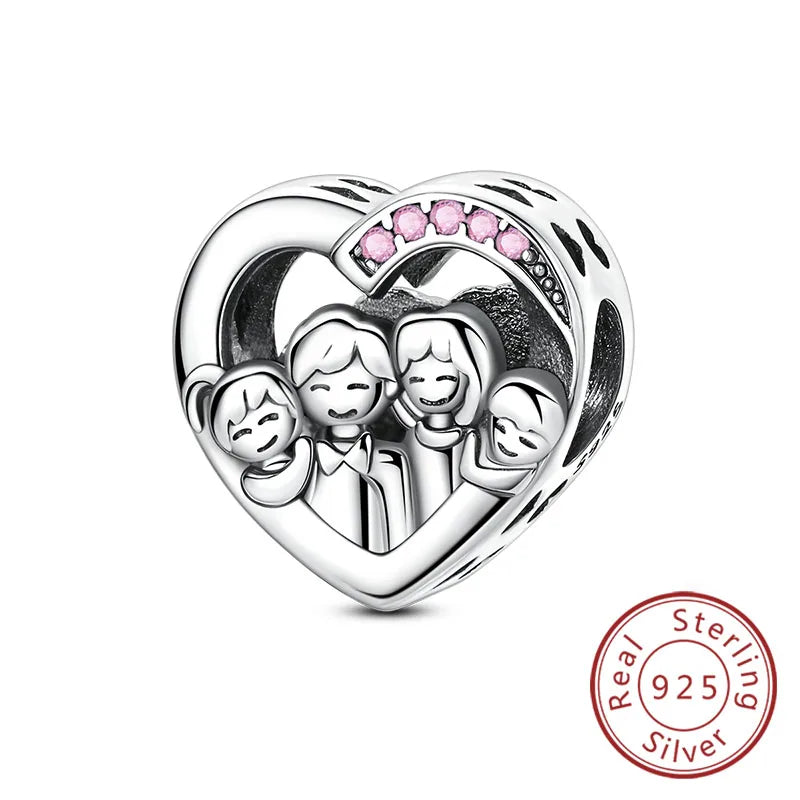 925 Sterling Silver Heart Shape Charm Beads Mother Daughter Family Pet Paw Beads Fit Bracelets Mother's Day Jewelry Gift