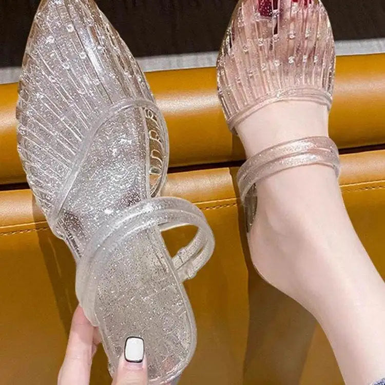 Casual Style Women's Crystal Jelly Sandals Summer Anti-slip Slippers Half Slippers Head Covered Fashionable Cool Slippers