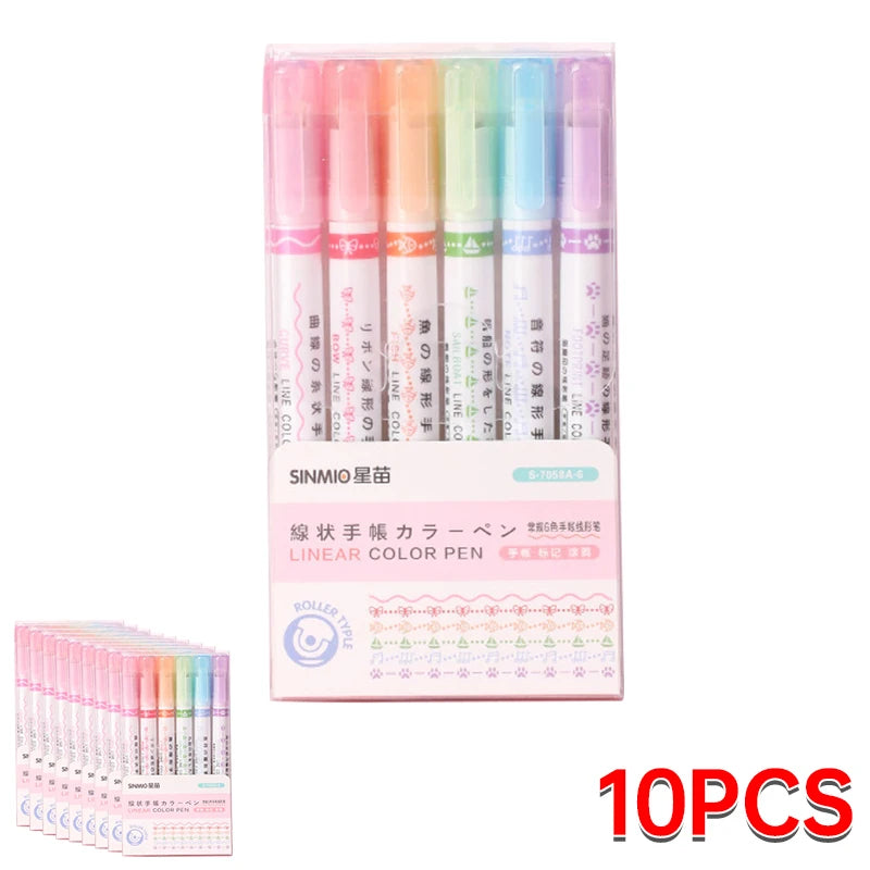 6Pcs Set Flower Shape Outline Pens Highlighter Marker Curve Roller Tip Pen Cute Stationery Kawaii Graffiti School Accessories