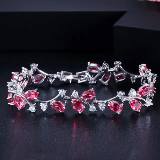 Pera Natural Royal Women Jewelry Silver Color Dark Blue CZ Crystal Leaf Chain Link Bracelets and Bangles for Party Gift B042