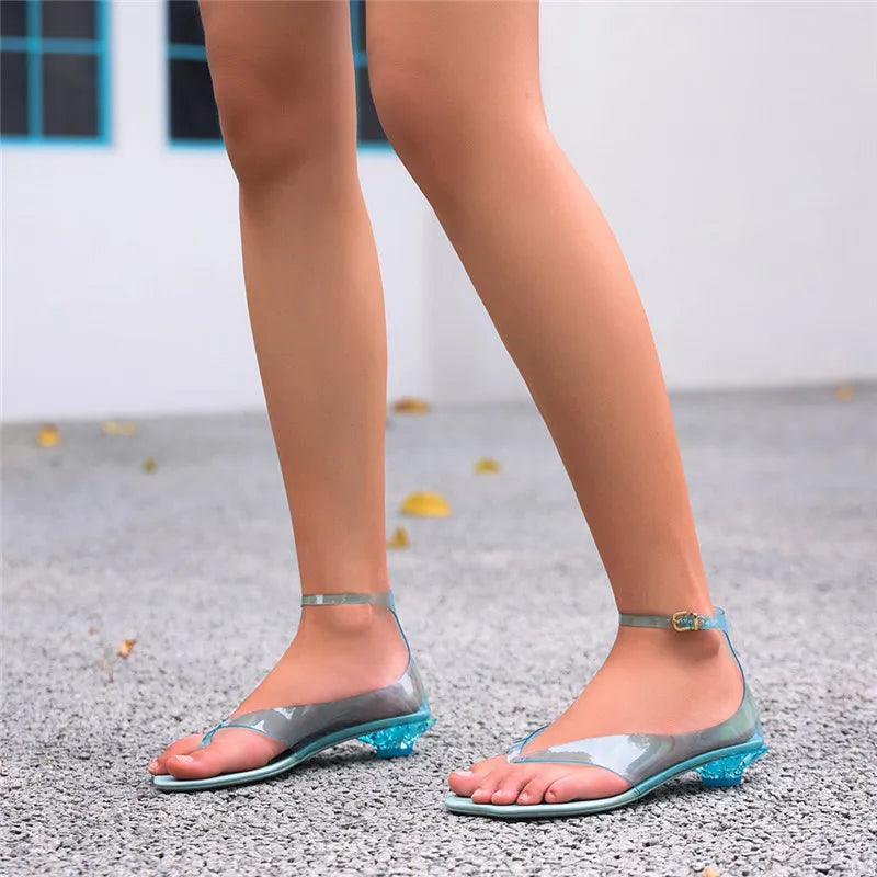 Purple Clear PVC Jelly Thong Sandals Women Ankle Buckle Strap Floral Low Kitten Heels Summer Beach Club Party Flip Flop Shoes