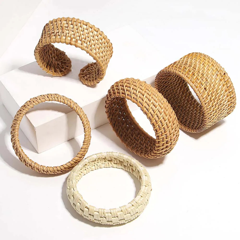 Amorcome Bohemian Wicker Rattan Weave Handmade Bangles Bracelets For Women Boho Chunky Beach Style Ladies Ethnic Straw Jewelry