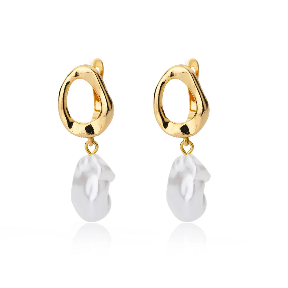 Zircon Natural Pearl Earrings For Women Gold Plated Stainless Steel Geometric Hoop Pearl Earring Wedding Bridesmaid Jewelry Gift