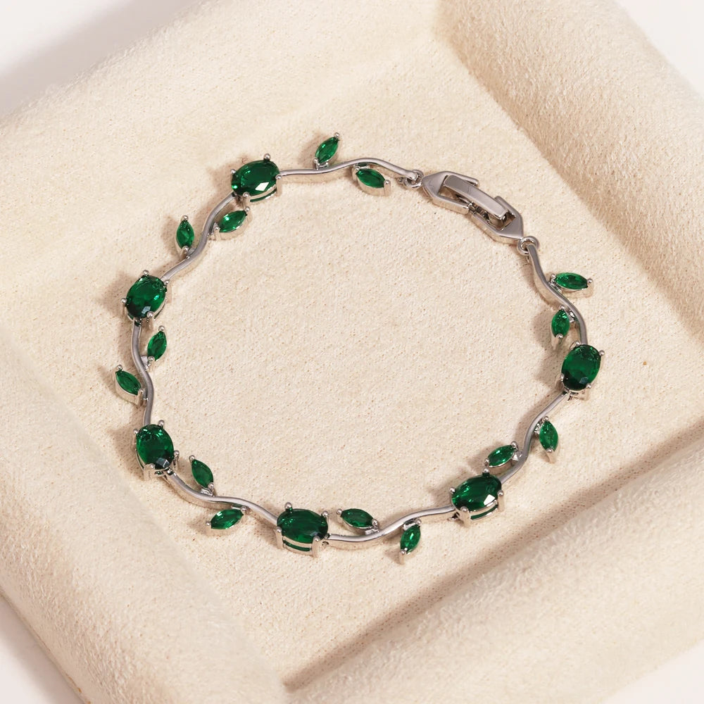 Natural Royal Women Jewelry Silver Color Dark Blue CZ Crystal Leaf Chain Link Bracelets and Bangles for Party Gift