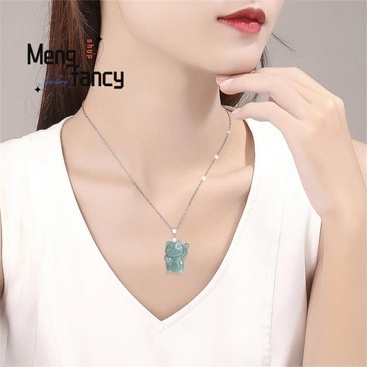 Natural A-goods Jadeite Blue Water Fortune Cat Jade Pendant S925 Silver Inlay Exquisite Cute Mascot Best Selling Fashion Jewelry
