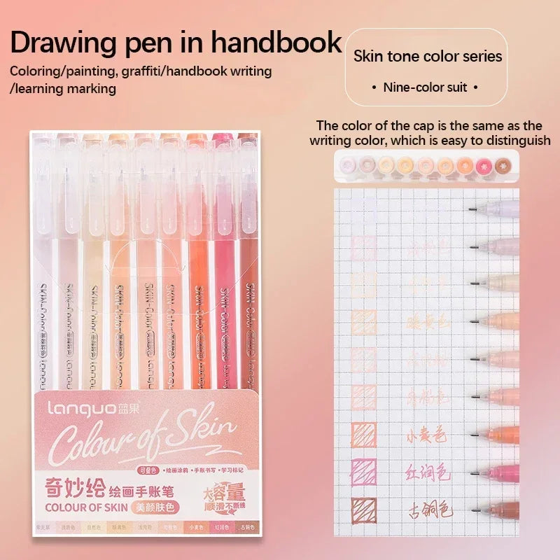 Languo Gel Pen Large Capacity Handbook Pens 6/9Pcs 0.6mm Student Art Diy Doodling Drawing Markers Office Kawaii Art Stationery