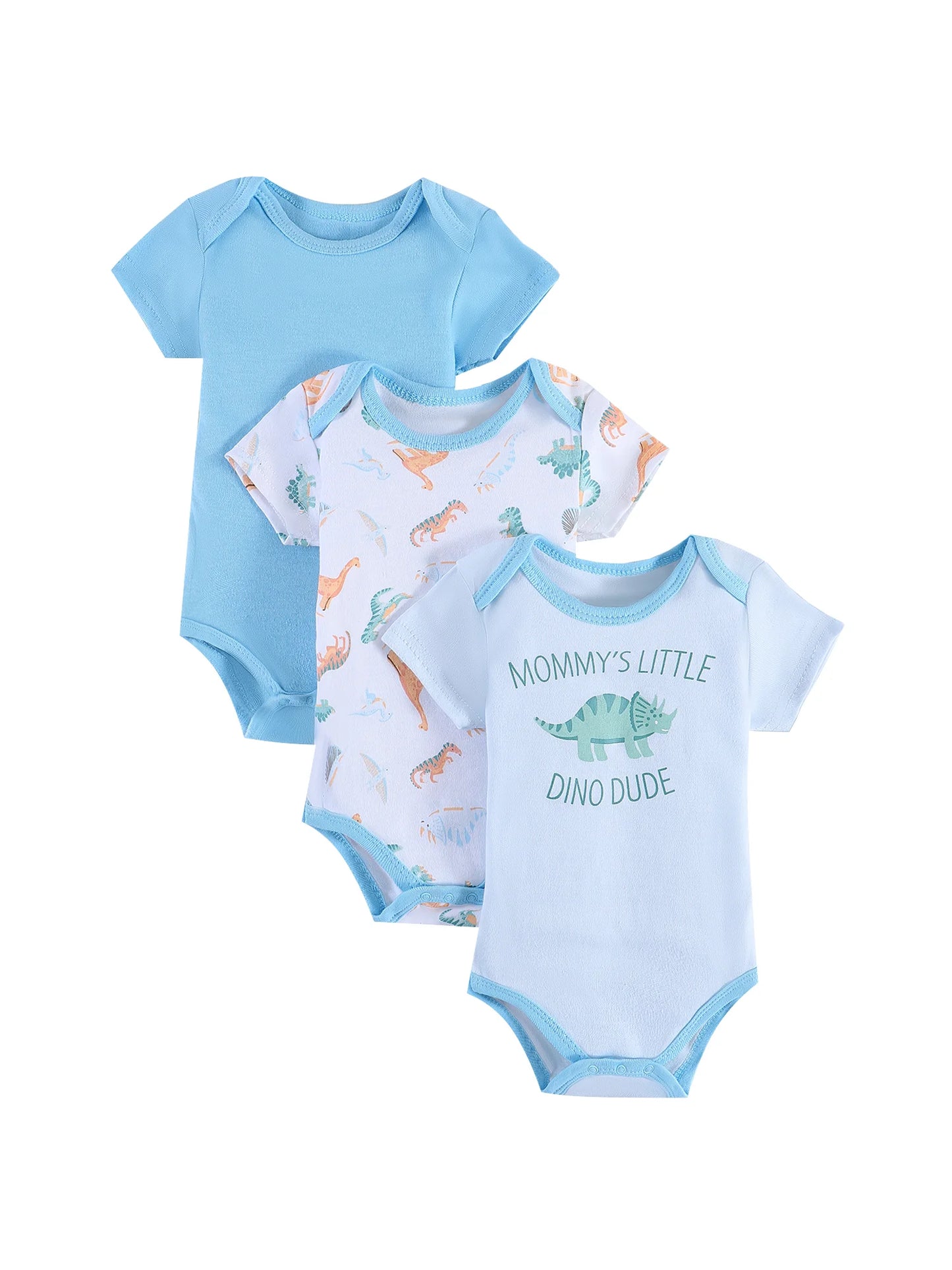 3PCS Summer Baby Bodysuit Three piece Set with Cartoon Dinosaur Pattern and Stripe Pattern Button Design for 0-9 Months Old Boys