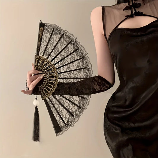 Vintage Chinese Lace Fan - Floral Pattern Black & Golden Tassel Handheld Cooling Fan, Photo Props, Summer Fashion Accessory