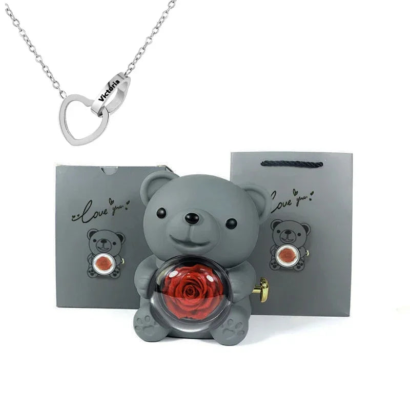 Mini Delicate Heart Engraved Necklace Lovely Bear Jewelry Boxes Valentine's Day Mother Day Birthday Gift Paper Bag Set