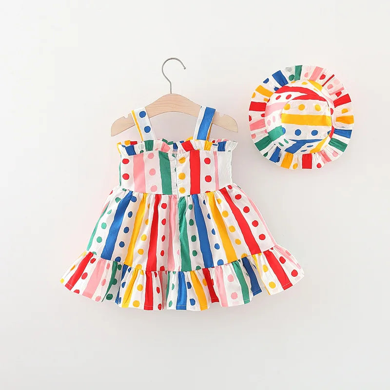 2Pcs/Set Colorful Baby Girl Birthday Party Princess Evening Dress Polka Dot Bow Knot Children Clothes 0 to 3 Years Kids + Hat