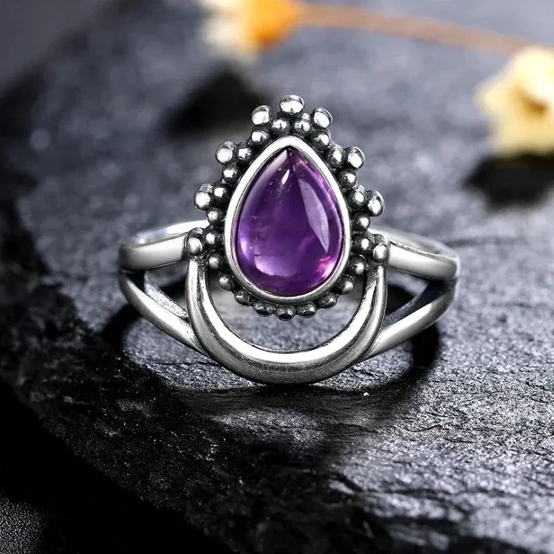 S925 Sterling Silver Vintage Ring With Natural Amethyst Two Stone Ring Waterdrop Shape Fine Jewelry Gifts for Women