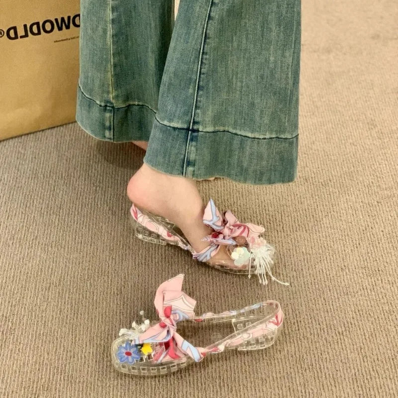 Women's Square Open Toe Jelly Flats DIY Crystal Floral Handmade Mesh Sandals Casual Slip-On Summer Shoes Holiday-style Sandals