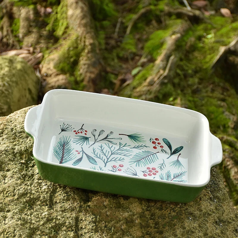 Texture Green Au Gratin Dishes Plants Print Double Ear Rectangle Ceramic Plates 1600ML Cake Bread Baking Tray Durable Tablewares