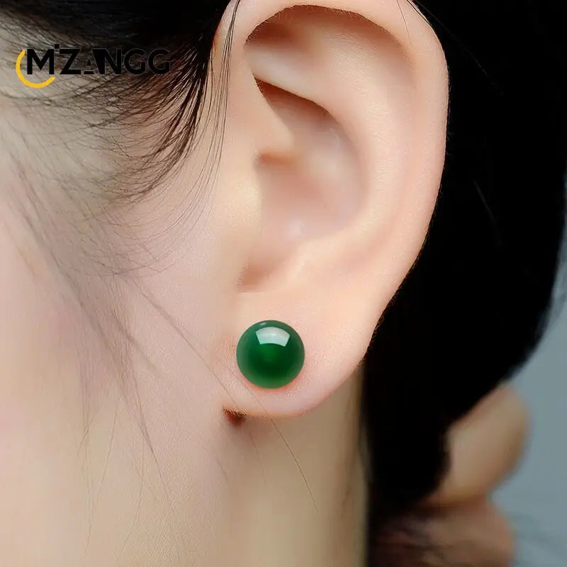 Natural S925 Silver Inlaid Chalcedony Round Beads Long Earrings Vintage Green Agate Ear Stud Charming Jewelry Lady Mother Gift