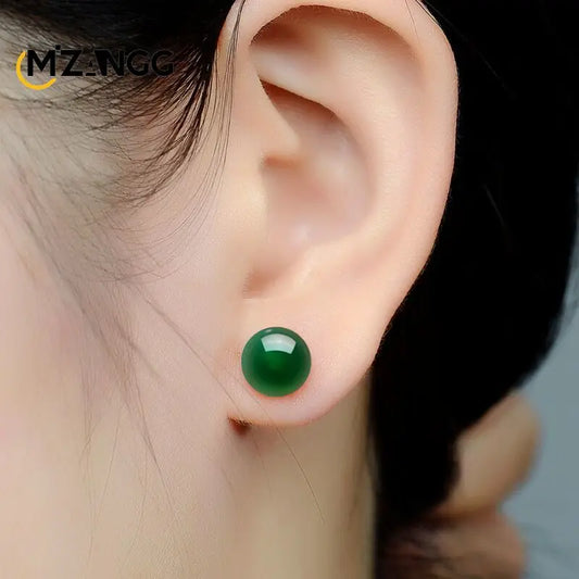 Natural S925 Silver Inlaid Chalcedony Round Beads Long Earrings Vintage Green Agate Ear Stud Charming Jewelry Lady Mother Gift