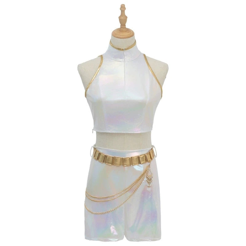 Cosplay Costume PU Leather White Singing Suit Women Halloween Carnival Party Outfit Girls Wig