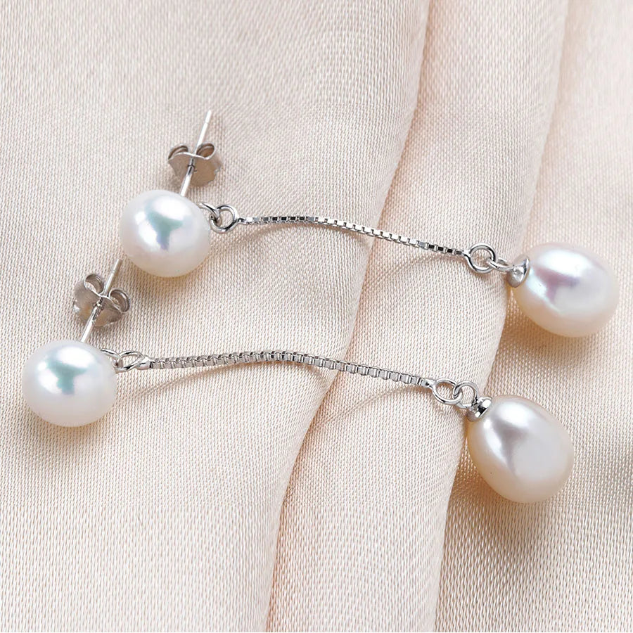 HENGSHENG New Simple 925 Sterling Silver Drop Dangle Earrings Double Natural Freshwater Pearls Fashion Jewelry For Wedding Women