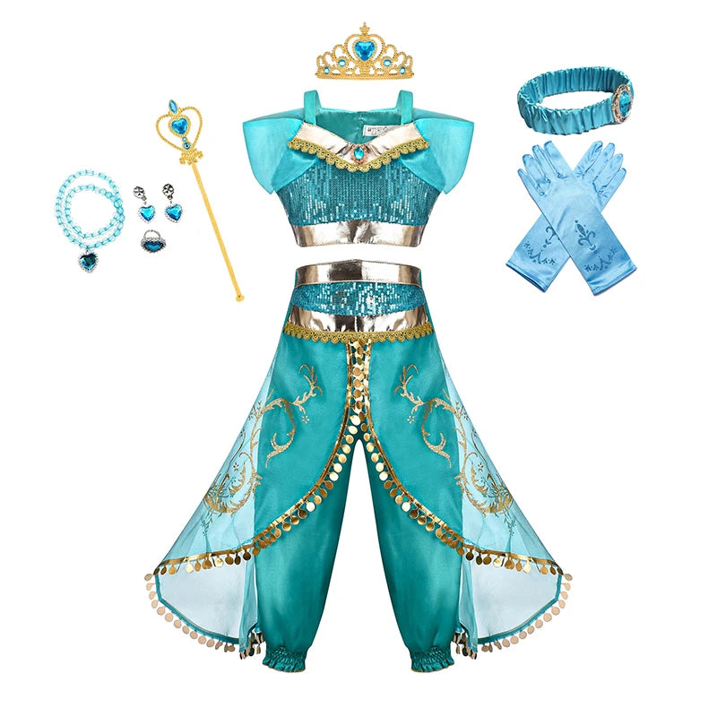 Jasmine Princess Dress for Girls Cosplay Aladdin Magic Lamp Costume Kids Halloween Birthday Carnival Party Vestidos 2-10T Outfit