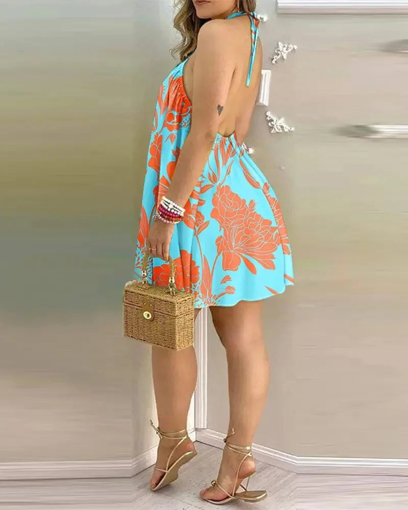 Women's 2026 Tropical Leaf Print Halter Neck Mini Dress Sleeveless Backless A-Line Summer Beach Sundress Casual