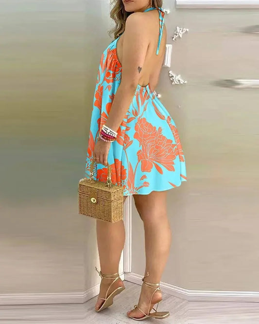 Women's 2026 Tropical Leaf Print Halter Neck Mini Dress Sleeveless Backless A-Line Summer Beach Sundress Casual