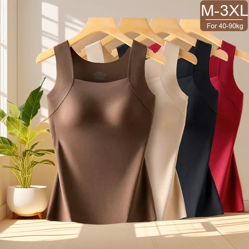 For 40-90kg Autumn Seamless Plus Size Thermal Vest With Build-in Bra For Women Fixed Cup Beauty Skin Tank Tops Square Collar