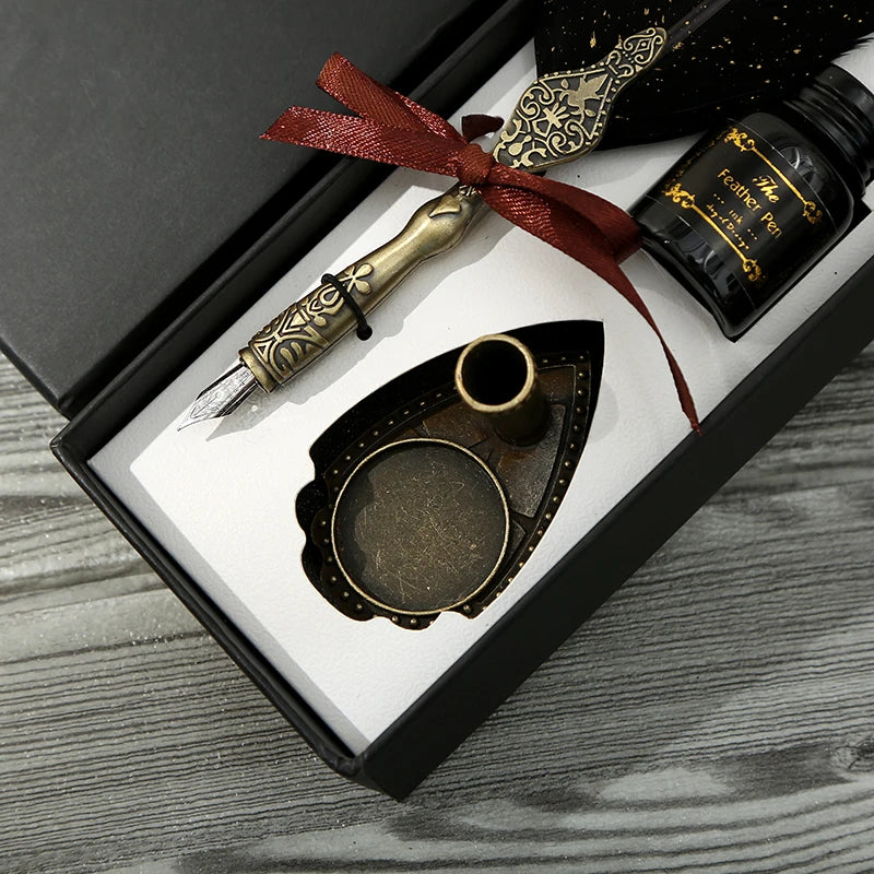 1 Set Retro Classic Texture Practical Calligraphy Feather Dip Pen No Ink Quill Fountain Writing Portable  Wedding Gifts Box