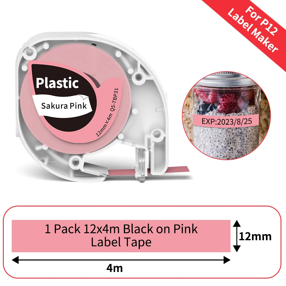 P12 Label Tape Compatible with Dymo LetraTag 200B Refills LT-100H Label Replacement for Phomemo P12 PRO Label Maker 12mm x 4m