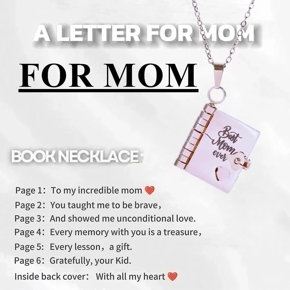 Mother’s Day Gift Best Mom Ever Book Necklace Stainless Steel Engraved Book Locket Necklaces Women Daughter Present for Mom