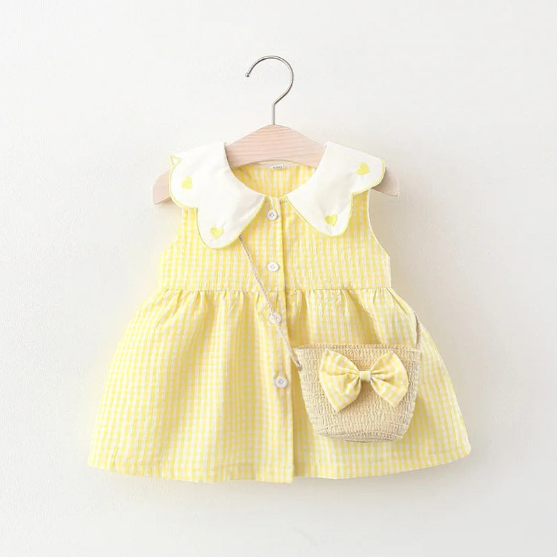 2Pcs/Set Toddler Girl Plaid Dresses Love Lapel Sleeveless Cotton Baby Children Clothes Summer Kids Costume 0 To 3 Years + Bag