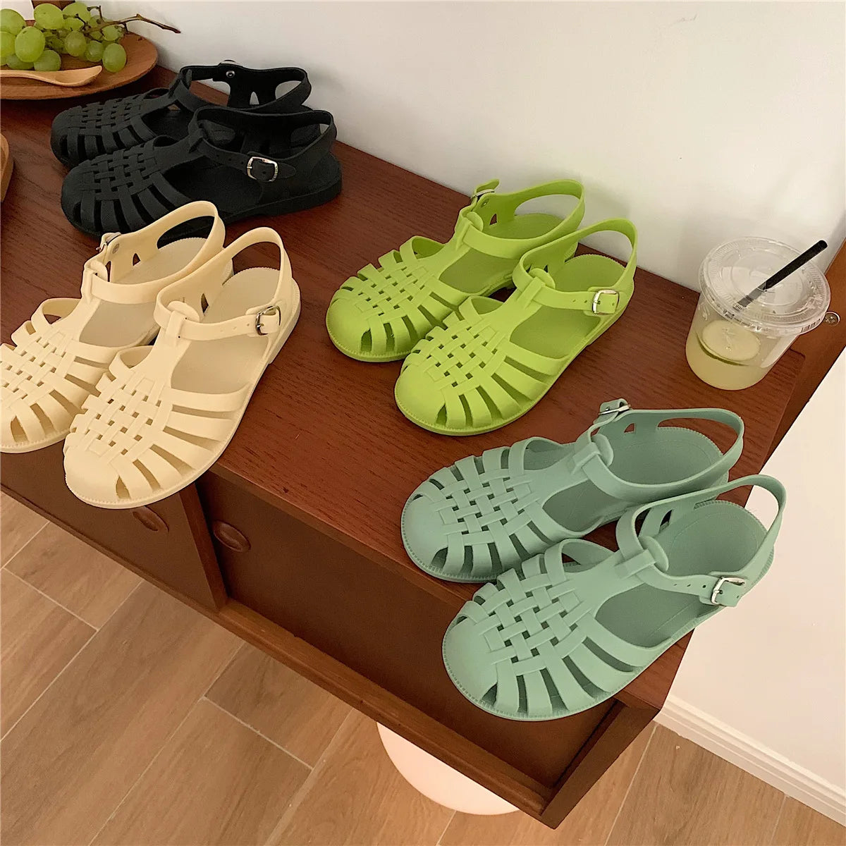 XIXITIAO Vintage Hollow Woven Roman Sandals Women Summer Korean-style INS Fairy Flat Closed-toe Jelly Beach Shoes