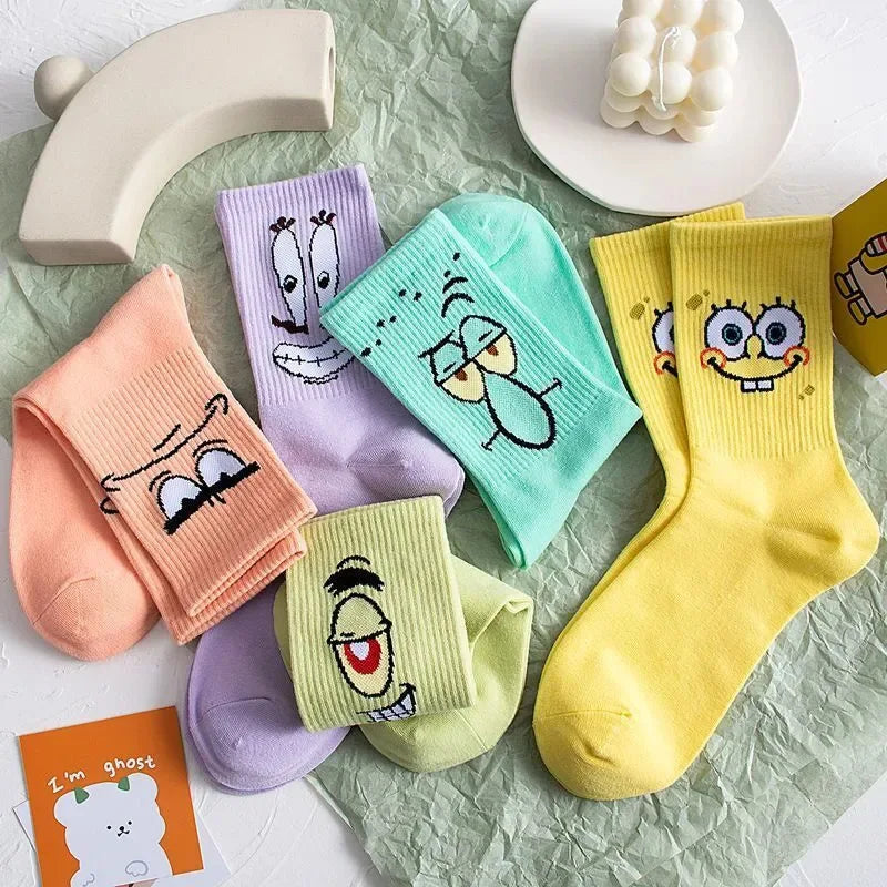 5 Pairs Kawaii SpongeBob Mid-Calf Socks Breathable Cotton Comfortable Tide Anime Socks for Boys Girls Students Birthday Gift