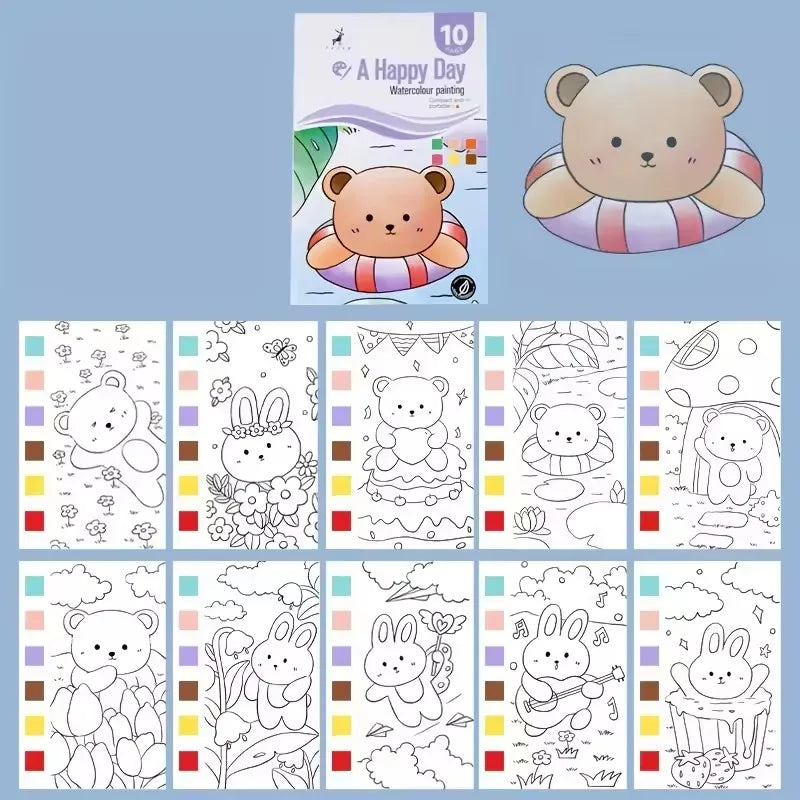 Kids Watercolor Painting Book - Washable Gouache Doodle Coloring Book Painting Paper with Built-in Paints