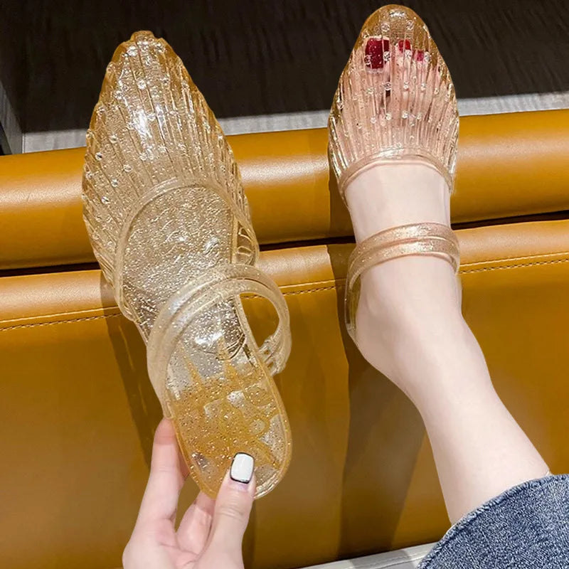 Casual Style Women's Crystal Jelly Sandals Summer Anti-slip Slippers Half Slippers Head Covered Fashionable Cool Slippers