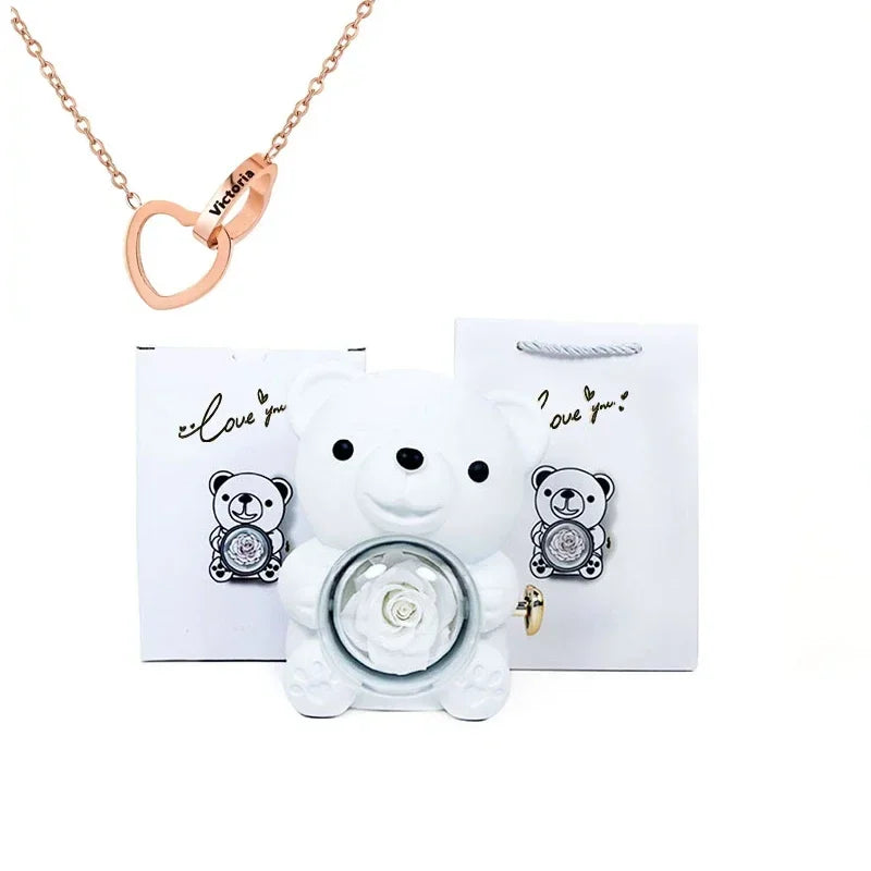 Mini Delicate Heart Engraved Necklace Lovely Bear Jewelry Boxes Valentine's Day Mother Day Birthday Gift Paper Bag Set