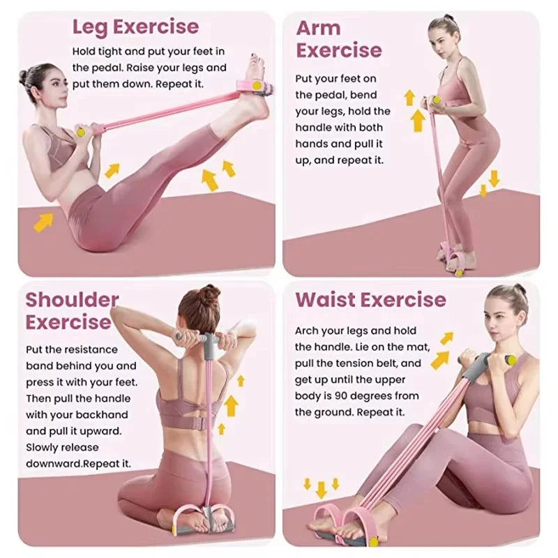 4-Tube Elastic Yoga Pedal Pull Resistance Band, Multifunctional Fitness Pull Rope for Abdomen Waist Arm Muscle Training Equipmen