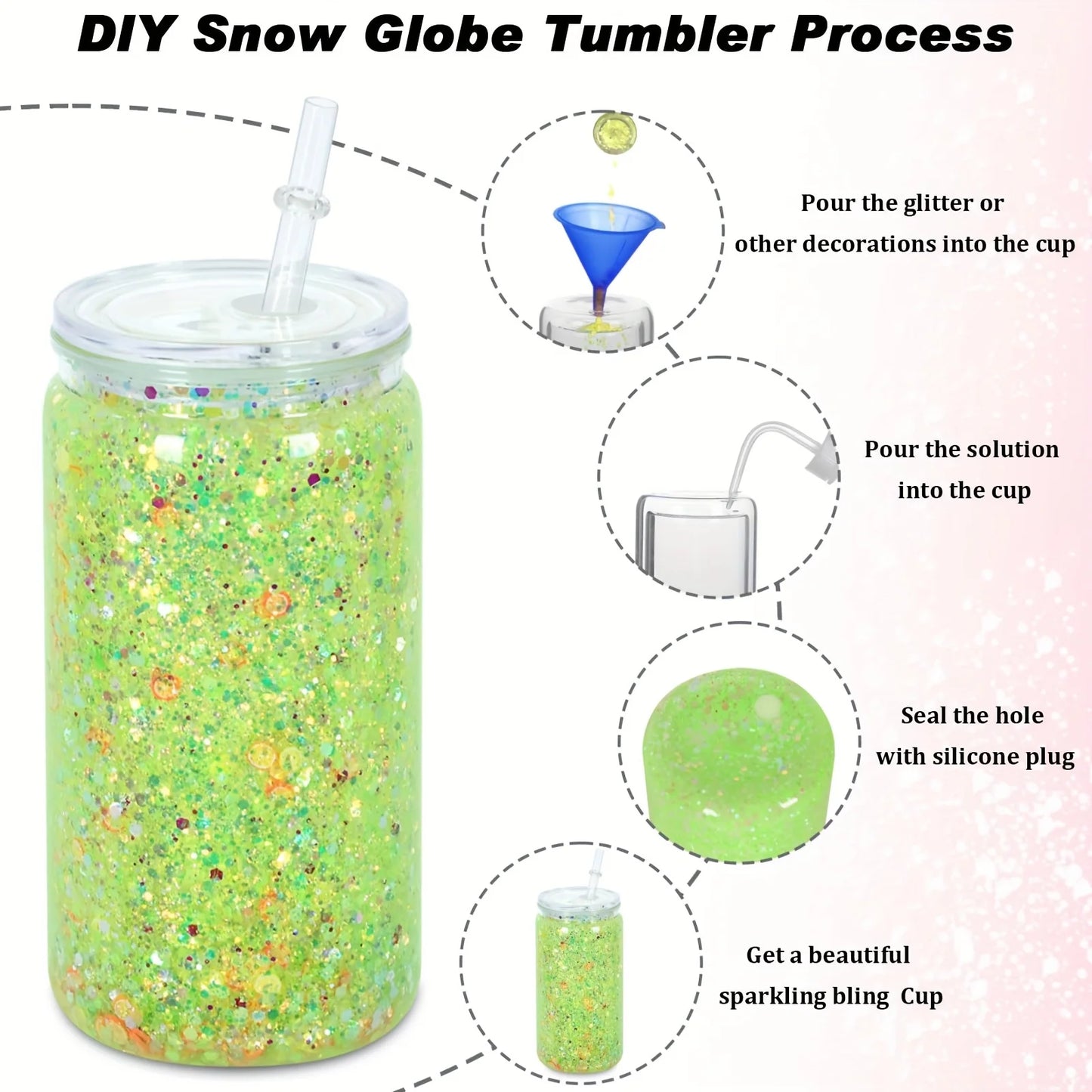 16OZ DIY Snowglobe Tumbler with Pre Drilled Hole Reusable Plastic Water Bottles Break-Resistant Mason Jar Cups for Holiday Gifts