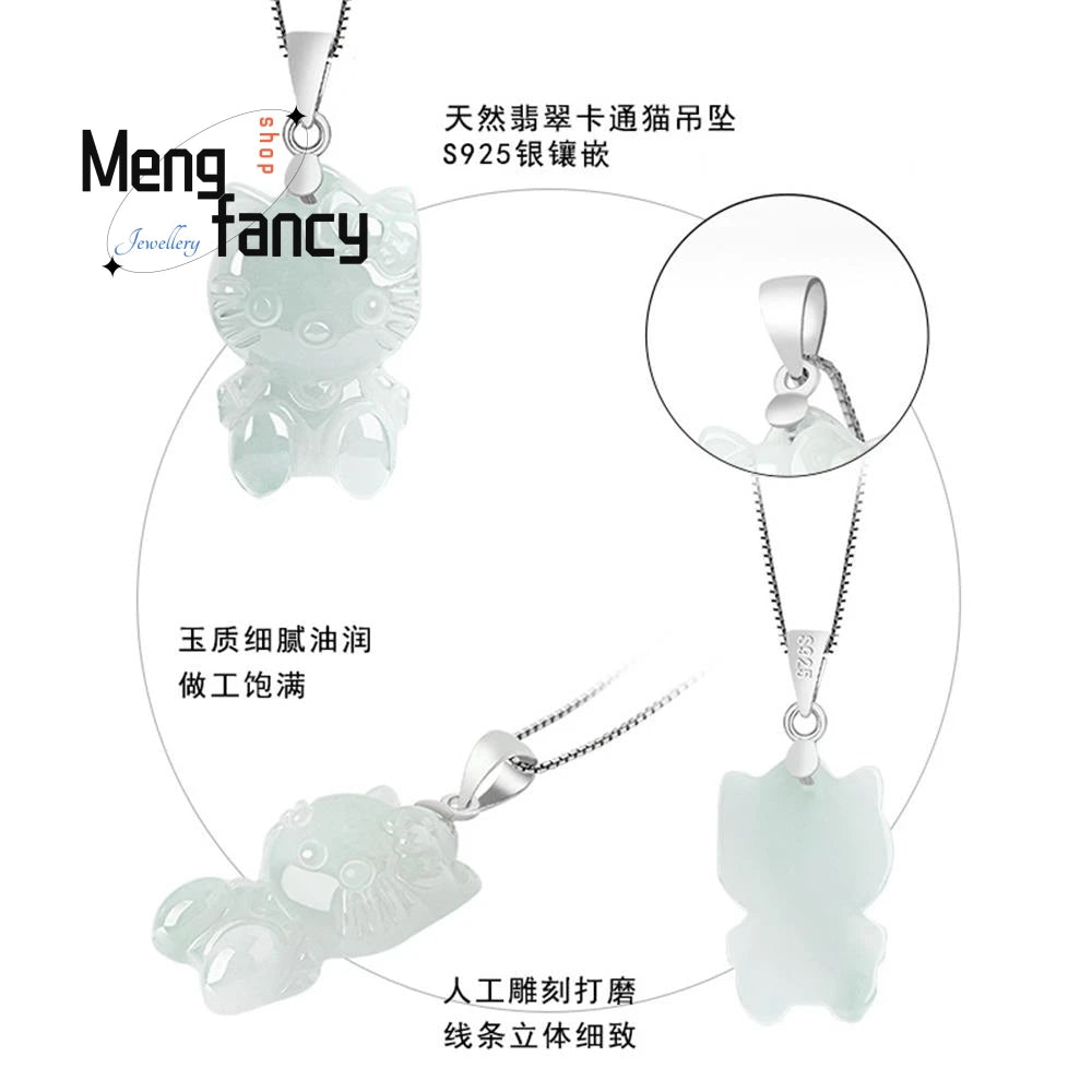 S925 Silver Natural Myanmar A-goods Jadeite Cute Cat Female Pendant Exquisite Elegant Mascot Best Selling Fashion Luxury Jewelry